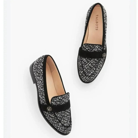 Talbots Shoes - Talbots NWOT Leighton Bouclé Loafers in Black & White 1”heel Leather Sole Sz 6.5